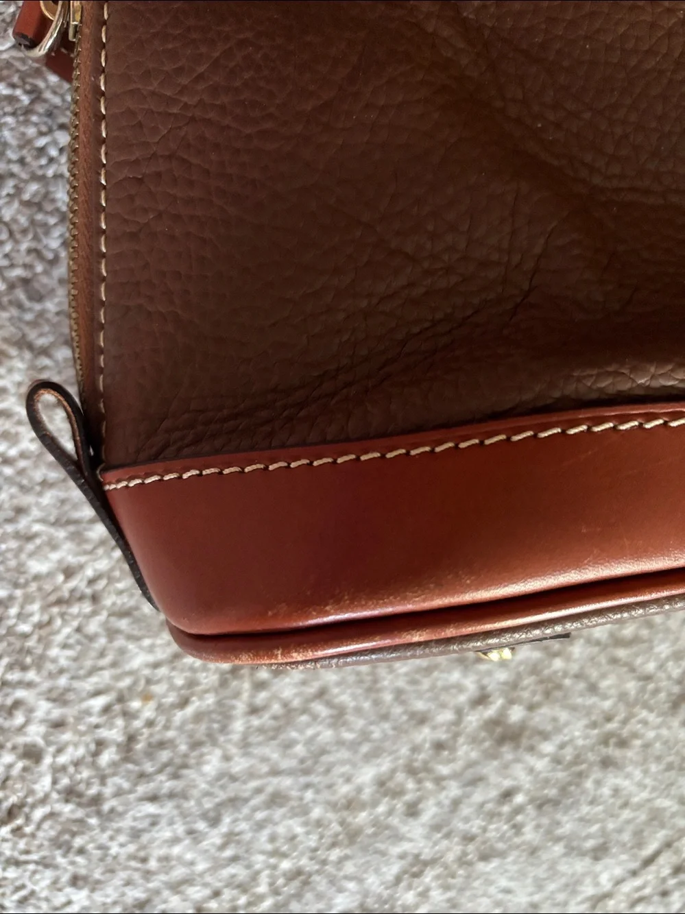 Dooney & Bourke Brown Pebbled Leather Dome Satchel with Tan Trim